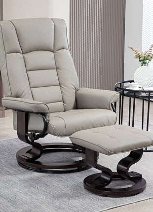 Faux Leather Recliner with Ottoman, Swivel Recliner Chair and Ottoman with High Back and Wood Base, Gray