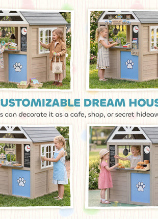 Outdoor Playhouse, Wooden Kids Playhouse with Dog Door, Cookware, Planter Box, Bell, Blackboard, Clock for Backyard