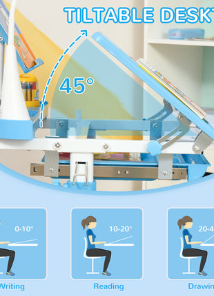 Kids Desk and Chair Set with USB Light, Storage Drawer, Blue