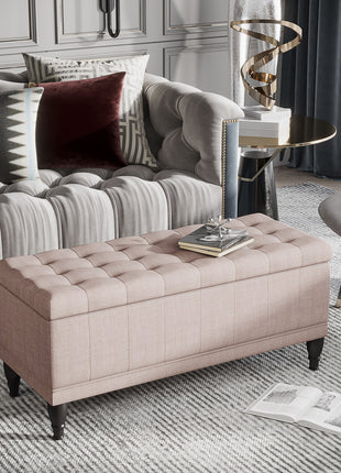 Storage Ottoman, Linen Fabric Button Tufted Storage Bench with Soft Close Lid for Living Room, Entryway or Bedroom, Beige