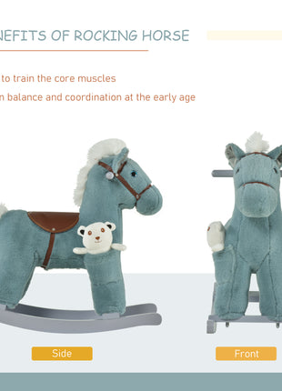Kids Rocking Horse with Bear Toy, Plush Animal Rocker with Fun Realistic Sounds for Toddler 18-36 Months, Blue