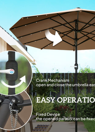 Garden Parasol 14.4 ft. Double-Sided Sun Umbrella with Base, Patio Parasol with LED Solar Lights, Khaki