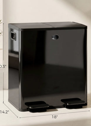 Trash Can, 2 x 5 Gallon Stainless Steel Garbage Can with Soft Close, Stay-Open Lid, Pedals, Inner Buckets, Black