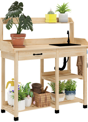 Potting Bench Table, Outdoor Garden Table Wooden Work Station with Removable Sink, Faucet, Drawer, Shelves, Hooks, Natural Wood