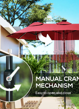 Double-sided Patio Umbrella, 9.7' Outdoor Umbrella with Tilt and Crank, LED Solar Light and 12 Ribs, Wine Red