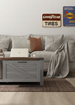Coffee Table with Storage, Farmhouse Living Room Table with Storage Drawer and Open Shelf, Distressed Gray