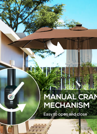 Double-sided Patio Umbrella, 9.7 ft. Outdoor Umbrella with 45-Degree Tilt and Crank, LED Solar Light and 12 Ribs, Coffee