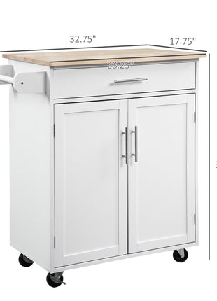 Kitchen Island Cart, Rolling Island Table with Solid Wood Top, Trolley Cart with Drawer, Storage Cabinet & Towel Rack, White