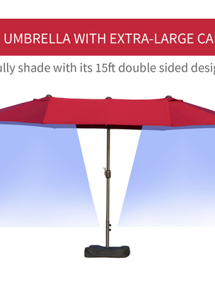 Patio Umbrella 15' Steel Rectangular Outdoor Double Sided Market with base, UV Sun Protection & Easy Crank for Deck Pool Patio, Wine Red