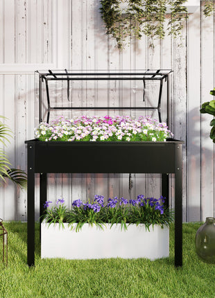 Elevated Garden Box with Greenhouse Cover, Raised Garden Bed with Legs and Drainage Hole for Vegetables, Black