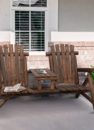 Wood Adirondack Patio Chair Bench with Center Coffee Table, Perfect for Lounging and Relaxing Outdoors Carbonized