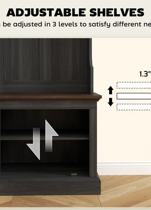 3-in-1 Hall Tree with Shoe Storage, Coat Rack with Bench, Entryway Furniture with Five Hooks, Black Wood Grain