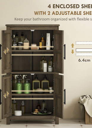 Bathroom Floor Storage Cabinet, Farmhouse Bathroom Cabinet with 4 Doors and Adjustable Shelf, Brown