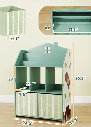 Kids Bookshelf with Storage, Toy Storage Unit with Book Display, Shelves and Fabric Drawers for Playroom Nursery, Green