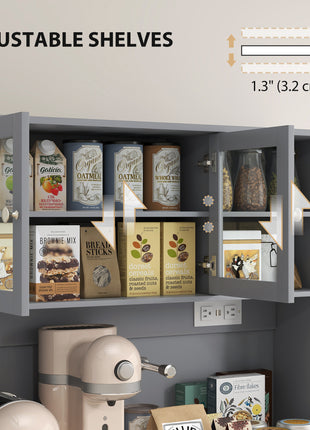 Kitchen Cabinet with Charging Station, 2 Tilt Out Cabinets, Microwave Stand, Freestanding Kitchen Pantry Cabinet, Gray