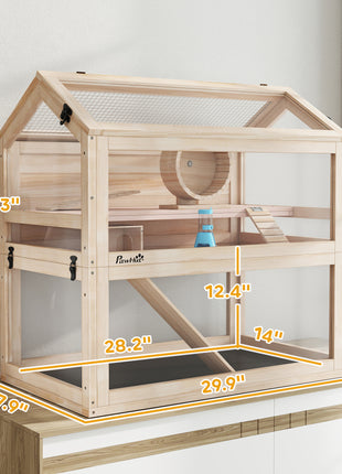 Wooden Hamster Cage, 3-Tier Small Animal Cage with Hut, Seesaw, Ramps, Exercise Wheel, Acrylic Panel and Bottom Tray