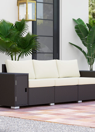 3 Seater Wicker Outdoor Couch Patio Sofa with Storage, Thickened Cushions and Wide Armrests for Porch Yard, Cream White