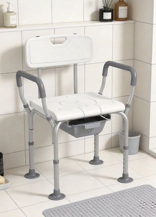 3-in-1 Shower Chair with Back and Arms, Height Adjustable Bedside Commode, Raised Toilet Seat with Non-Slip Rubber Foot Pad for Seniors, Disabled, White
