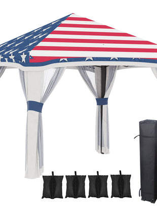 10' x 10' Pop Up Canopy Tent with Netting, Instant Tents for Parties, Height Adjustable, with Wheeled Carry Bag and 4 Sand Bags for Outdoor, Garden, Patio, American Flag