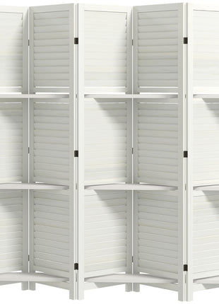 5 Panel 67" Tall Wood Privacy Screen Room Divider with 3 Shelves and Folding Storage for Bedroom, White