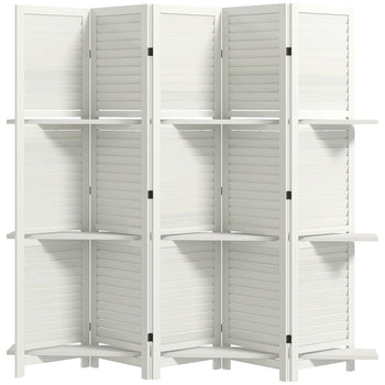 5 Panel 67" Tall Wood Privacy Screen Room Divider with 3 Shelves and Folding Storage for Bedroom, White