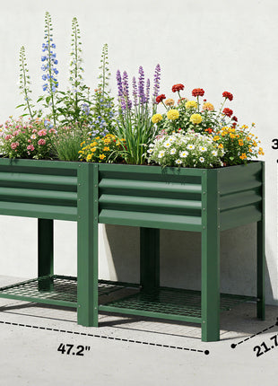 Raised Garden Bed Galvanized Steel, Elevated Planter Box with Storage Shelf, Bed Liner, 31.5" High, Green