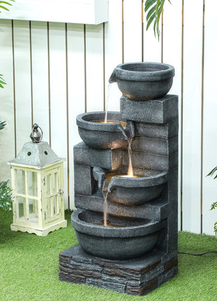 30" Tall Outdoor Waterfall Fountain with LED Lights, 4-Tier Resin Cascading Water Bowls with Pump, Gray