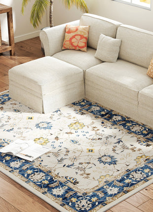 Machine Washable Area Rug 5x7, Non-Slip Boho Floral Print Floor Carpet for Living Room, Bedroom, Dining Room, Blue