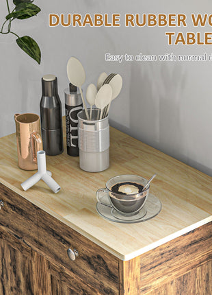 Kitchen Storage Cabinet, Sideboard Floor Cupboard with Solid Wood Top, Adjustable Shelf, and 2 Drawers, Brown