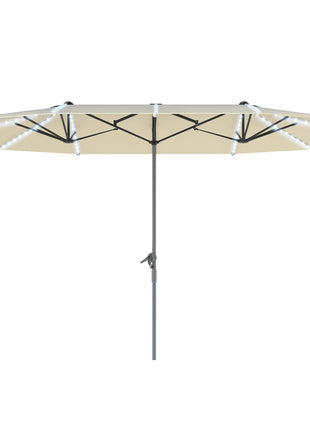 15ft Double-Sided Outdoor Umbrella with Solar Lights, UPF50+ Extra Large Aluminum Patio Umbrella with Crank, Cream White