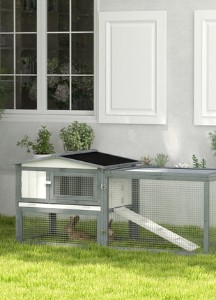 Large Rabbit Cage Outdoor 61"L Guinea Pig Hutch w/ Run Feeding Trough Removable Tray Ramp Asphalt Roof, White