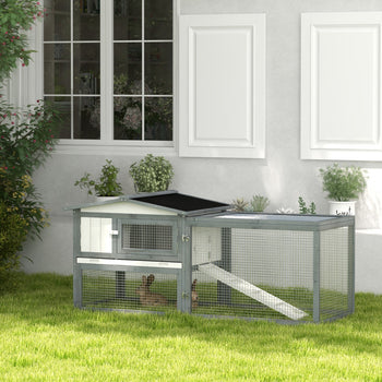 Large Rabbit Cage Outdoor 61"L Guinea Pig Hutch w/ Run Feeding Trough Removable Tray Ramp Asphalt Roof, White