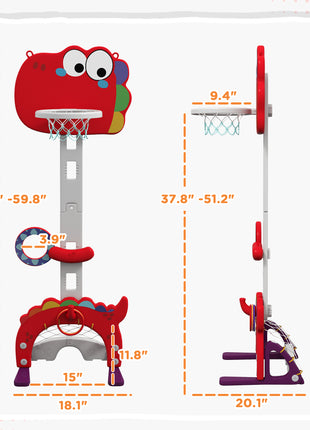 Adjustable Height 4.4-5 ft Kids Basketball Hoop, 5 in 1 Design, for Indoor Use, Red