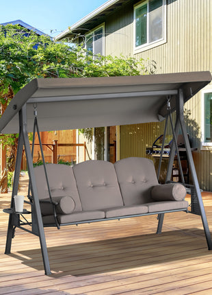 3-Seat Patio Swing Chair, Outdoor Porch Swing Glider with Adjustable Canopy, Removable Cushion, Pillows and Side Trays, for Garden, Poolside, Backyard, Brown