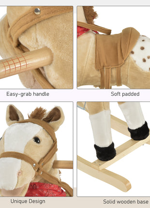 Kids Plush Ride-On Rocking Horse Toy Cowboy Rocker with Fun Realistic Sounds for Child 3-6 Years Old, Beige
