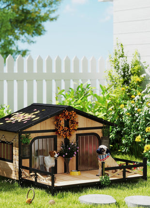 Dog House Outdoor, Wooden Dog Kennel Weatherproof with Porch, Openable Roof, Removable Bottom, Elevated Floor, Double Room for 2 Small to Medium Breeds, Natural