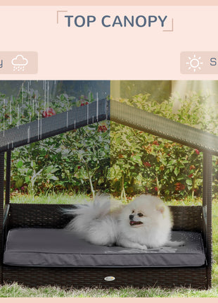 Wicker Dog House Outdoor with Canopy, Rattan Dog Bed with Water-resistant Cushion, Raised Pet Bed for Small, Medium Breeds up to 66 lbs, 20" in Length, Brown Wicker, Gray Cushion