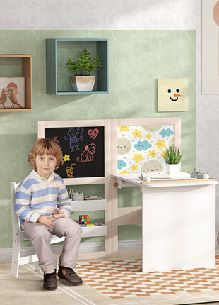3 in 1 Kids Table and Chair Set with Storage, Whiteboard, Blackboard & Roll Paper for 3-8 Years, White