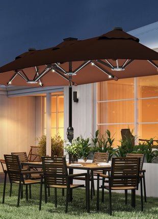 Double-sided Outdoor Patio Umbrella with Solar Lights and Base, Dining Table Umbrella Push Button Tilt, Coffee