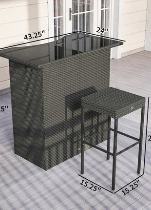 5 Piece Rattan Wicker Bar Set, High Top Outdoor Table and Chairs, Bar Height Patio Set, 2 Shelves & 4 Bar Stools, Gray