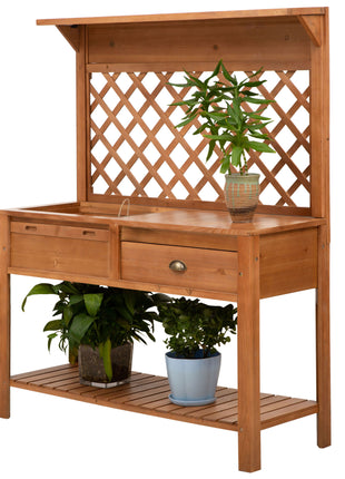 Garden Potting Bench, Outdoor Wooden Workstation Table w/ Metal Screen, Drawer, Hooks, Storage Shelf, and Lattice Back for Patio, Backyard and Porch