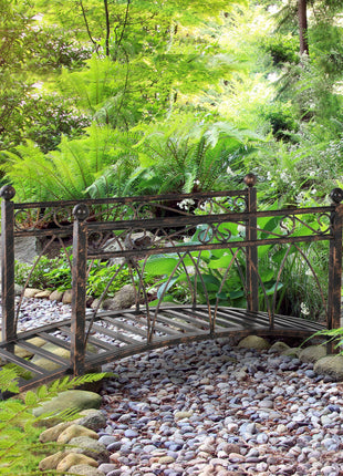 3.3' Metal Arch Zen Garden Bridge with Safety Siderails, Decorative Footbridge, Delicate Scrollwork & Corner Spheres for Stream, Fish Pond, Bronze