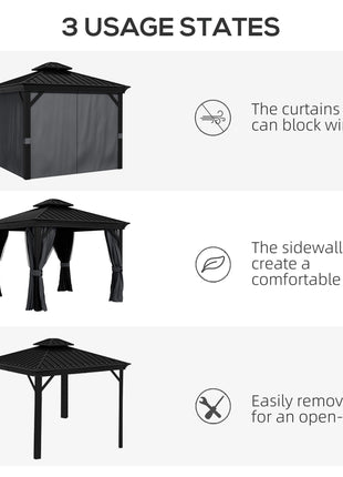 10' x 12' Hardtop Gazebo Permanent Pavilion w/ Double Roof Aluminum Frame Sidewalls for Patio Garden Deck, Dark Gray