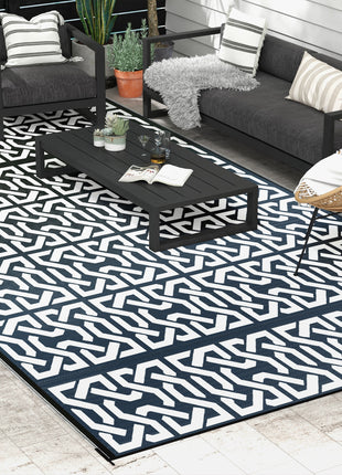 Reversible Outdoor Rug Carpet RV Camping Rugs with Carry Bag, 9' x 18', Black & White Chain