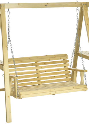 2-Seat orch Swing with Stand, Wooden Patio Swing Chair with Side Tables and Metal Chains, Outdoor Hanging Bench for Garden, Poolside, Backyard, Natural Wood
