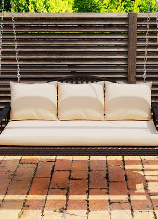 3 Person Wicker Hanging Outdoor Patio Porch Swing Bench with Cup Holders, Cushions, and Chains, Brown