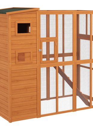 Wooden Outdoor Catio with Platforms, Asphalt Roof, Ramps, Natural