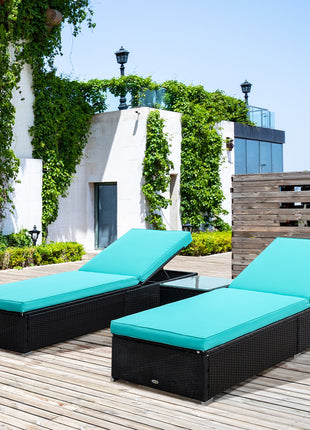 Chaise Lounge Chair Set of 2 with 5 Angle Backrest, Outdoor Coffee Table, Water Repellent Cushions, PE Rattan Wicker Poolside Chairs, 3-Piece Pool Furniture Set, Dark Brown/Turquoise