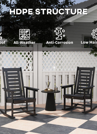2 Pieces Outdoor Rocking Chairs, HDPE Patio Rockers with 28" High Back, Wide Armrests for Porch Backyard, Black