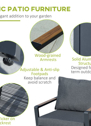 4 Piece Patio Furniture Set, Aluminum Conversation Set, Outdoor Garden Sofa Set with Armchairs, Loveseat, Center Coffee Table and Cushions, Dark Grey